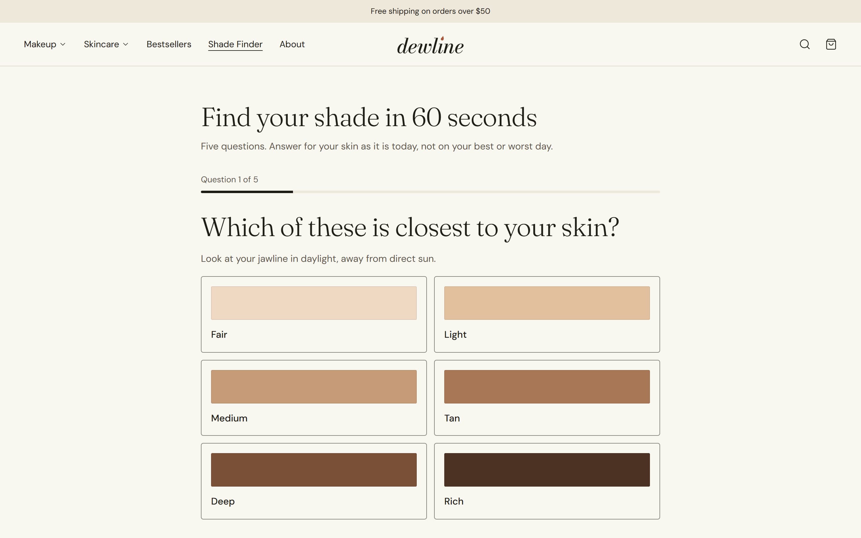 Dewline shade finder asking which skin tone is closest, with swatches from fair to rich