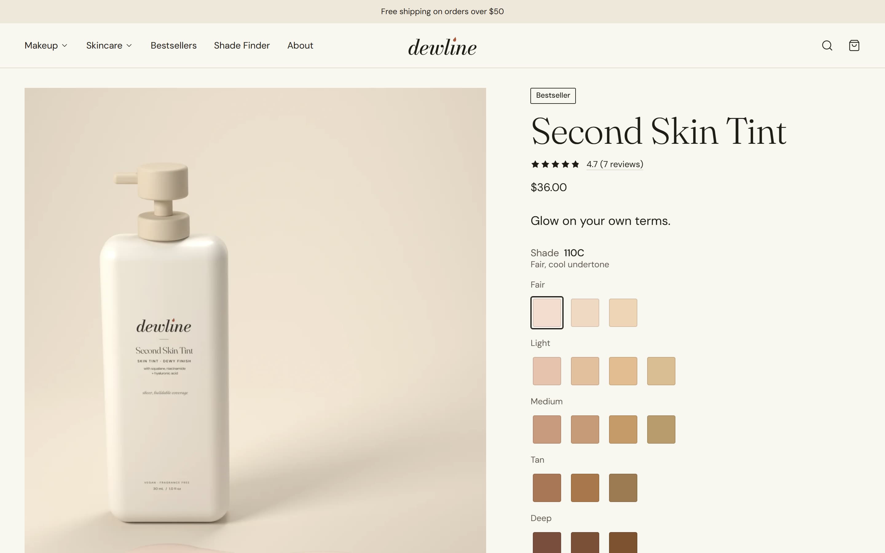 Dewline product page with a grid of shade swatches grouped from fair to deep